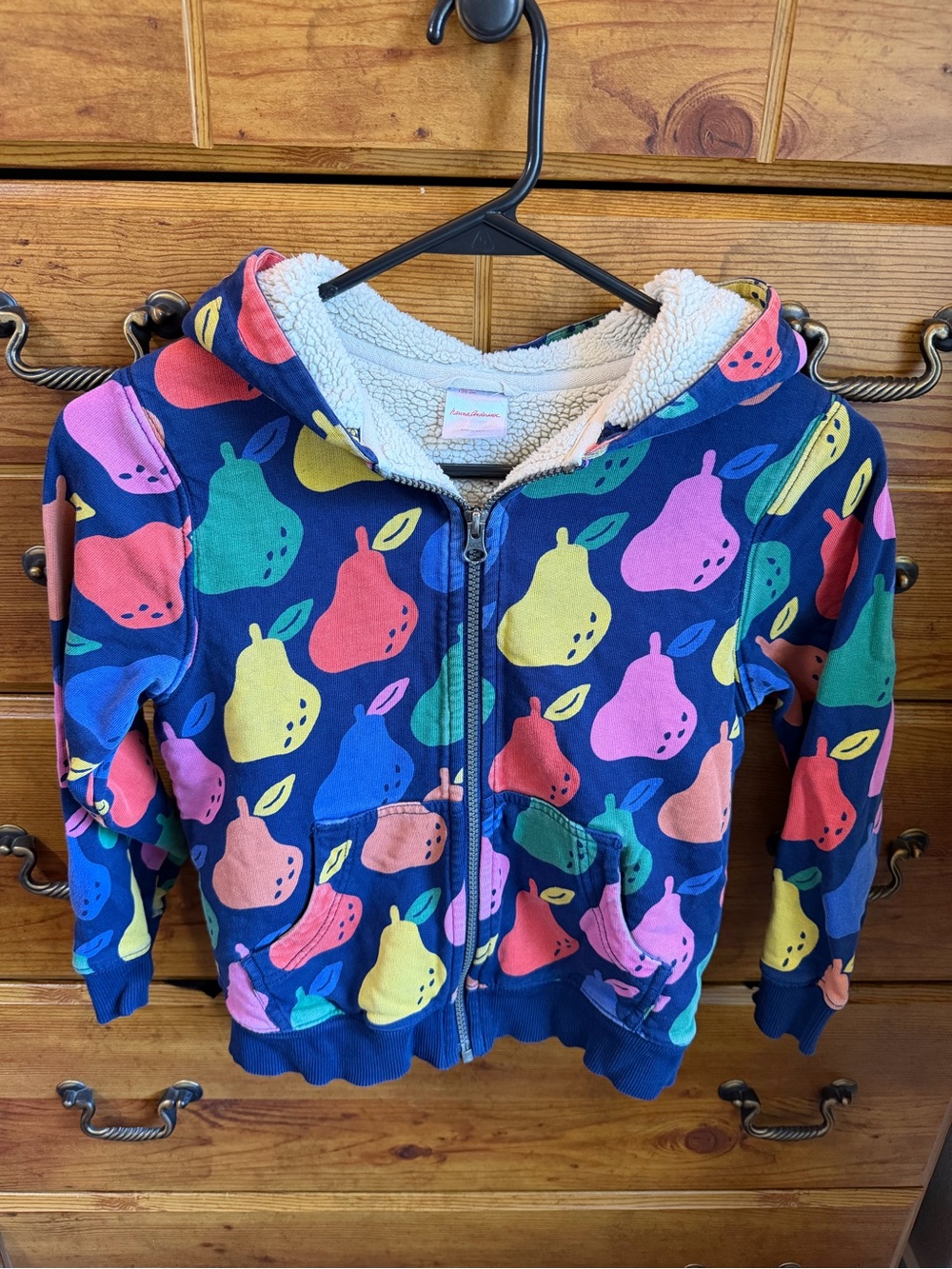 Hanna Andersson Navy Pear Print Sherpa-Lined Zip Hoodie size 6/7